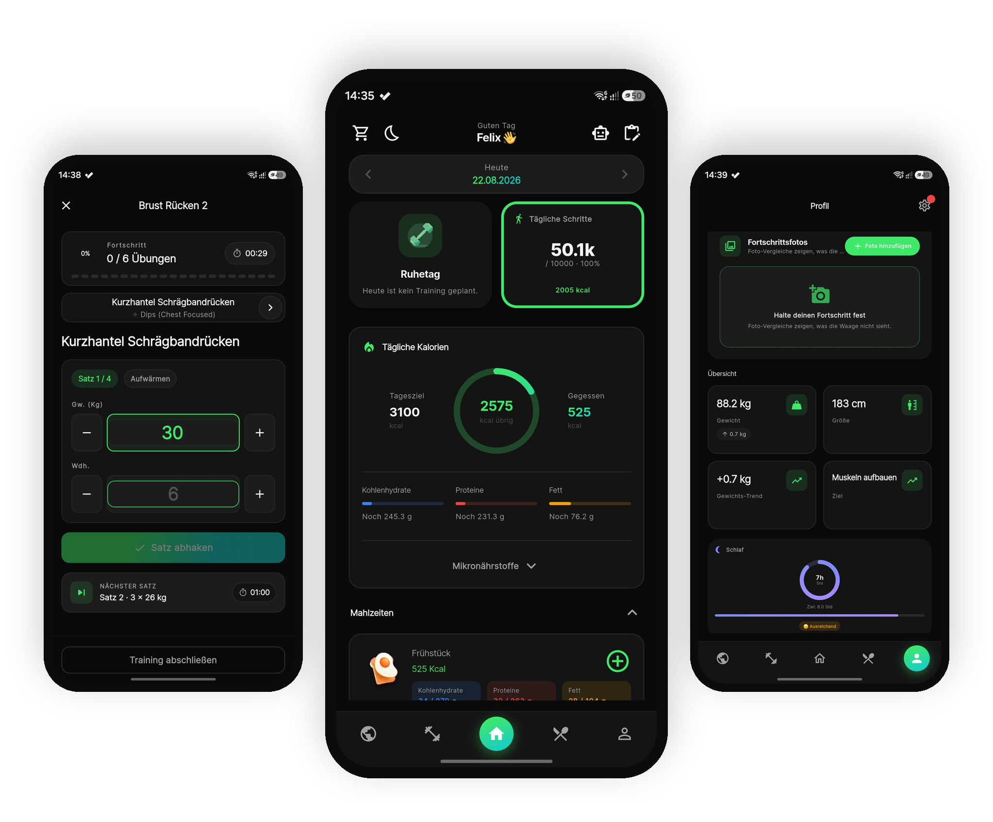 Pump It Club App, Trainingsansicht, Tagesübersicht mit Kalorien und Makros, Fortschrittsprofil